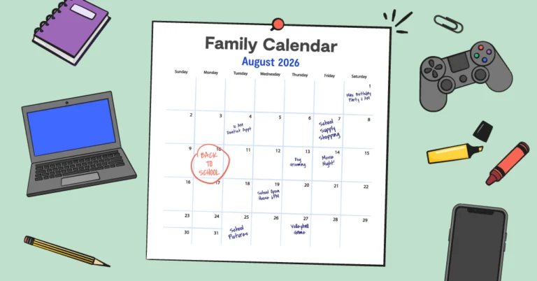 family calendar with illustrations around it