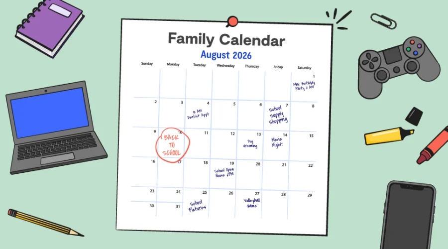 family calendar with illustrations around it