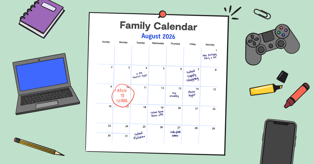 family calendar with illustrations around it
