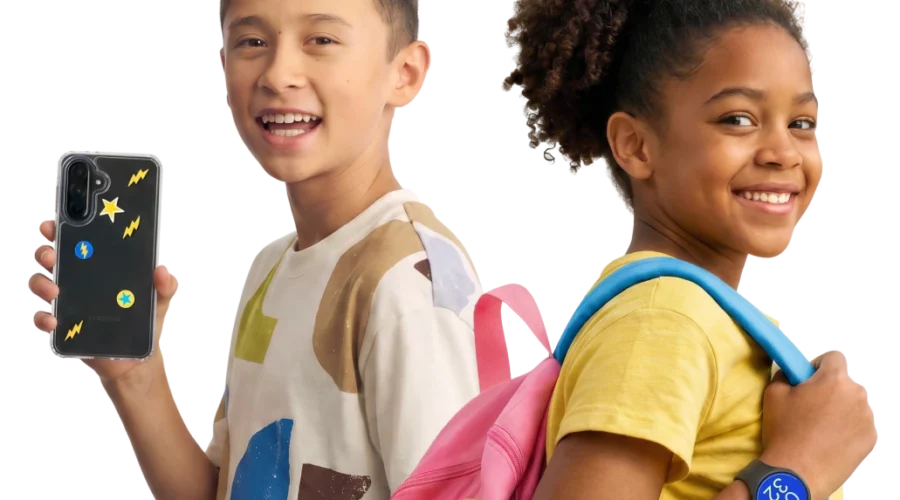 Boy holding a Bark Phone and girl wearing a Bark Watch standing back to back with their backpacks
