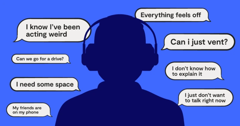 silhouette of a teen with text message bubbles all around
