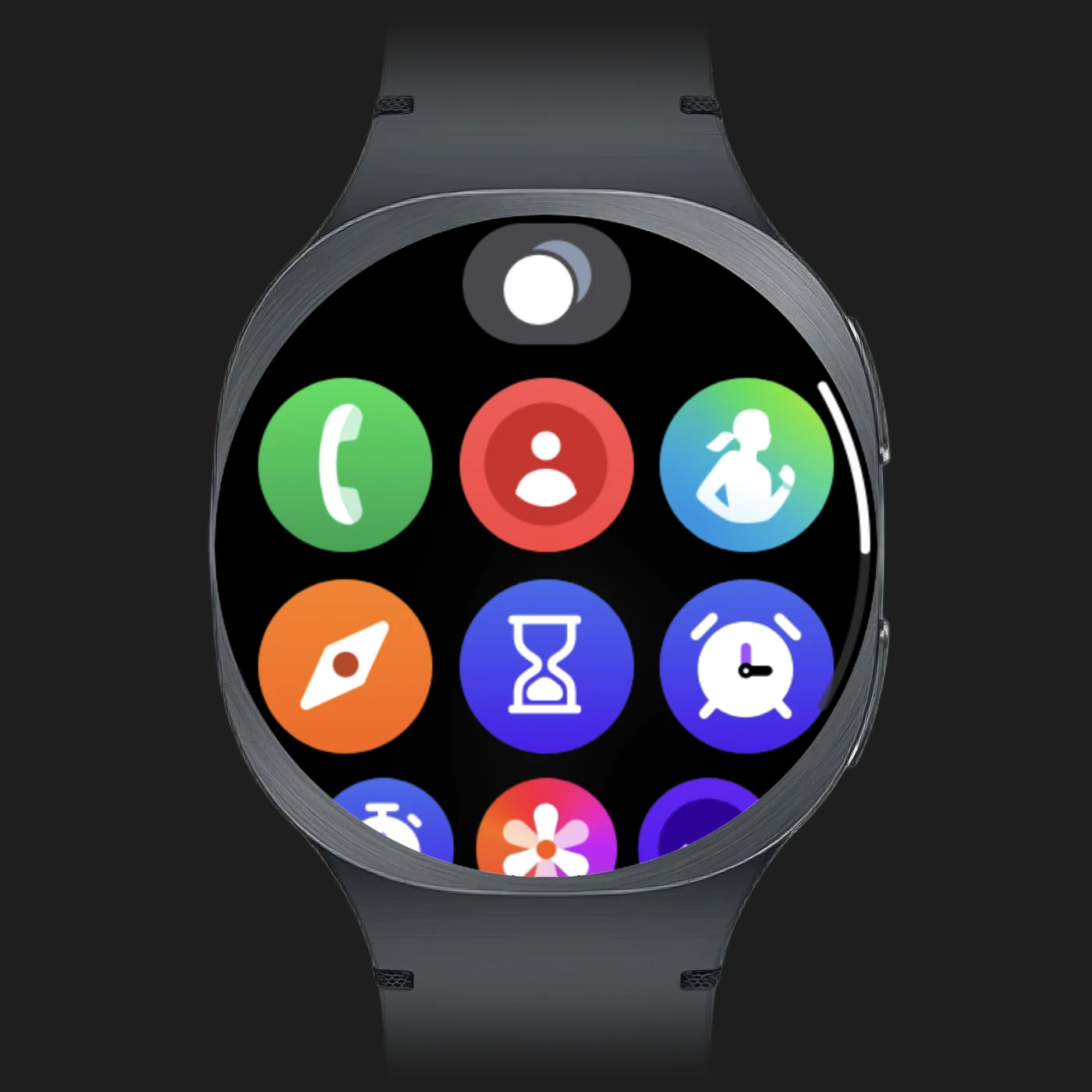 The Bark Watch showing its app screen with Phone, Contacts, Samsung Health, Compass, Timer, and Alarm