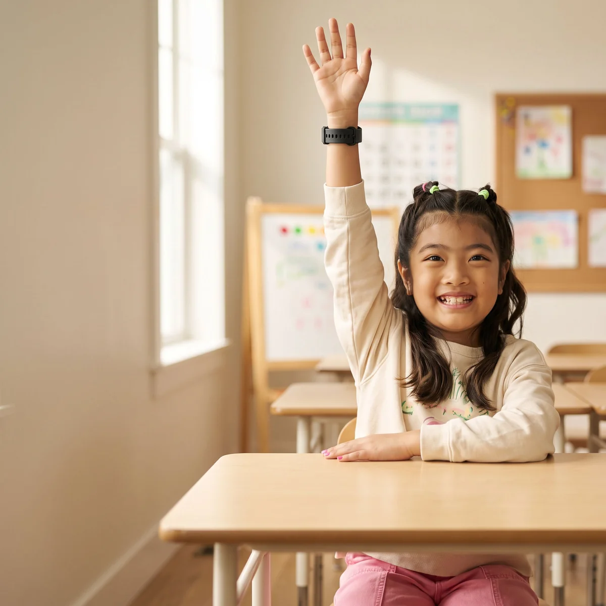 A smiling girl wearing the Bark Watch raising her hand in class