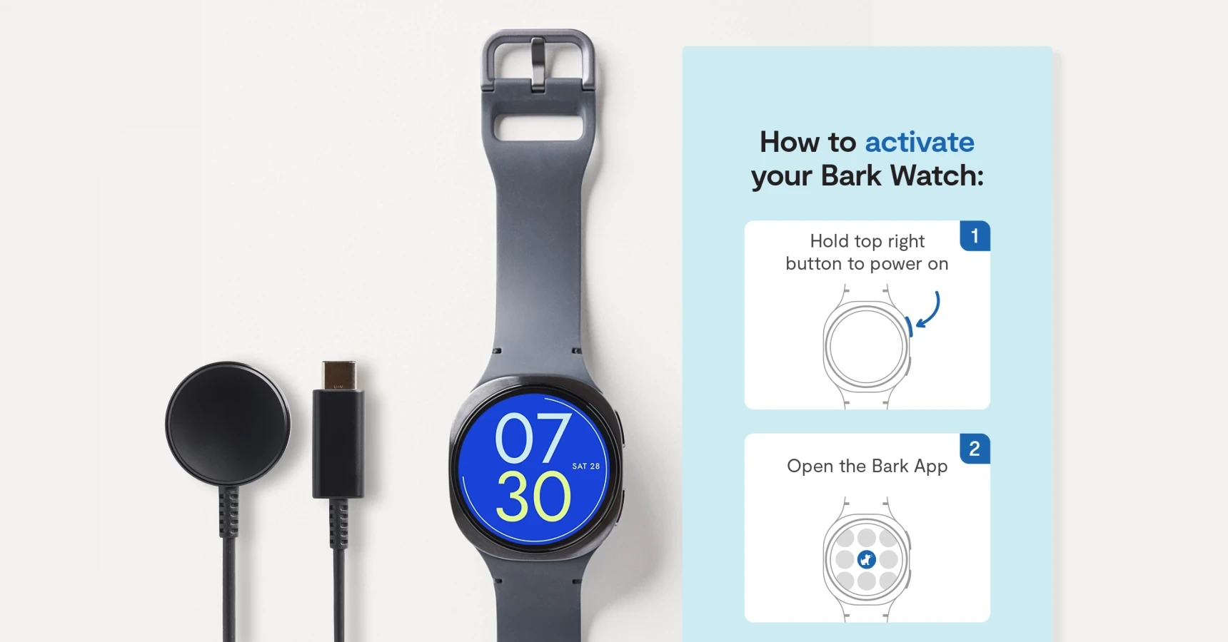 What’s in the box: the magnetic charger, the Bark Watch with its graphite band, and the quick start guide