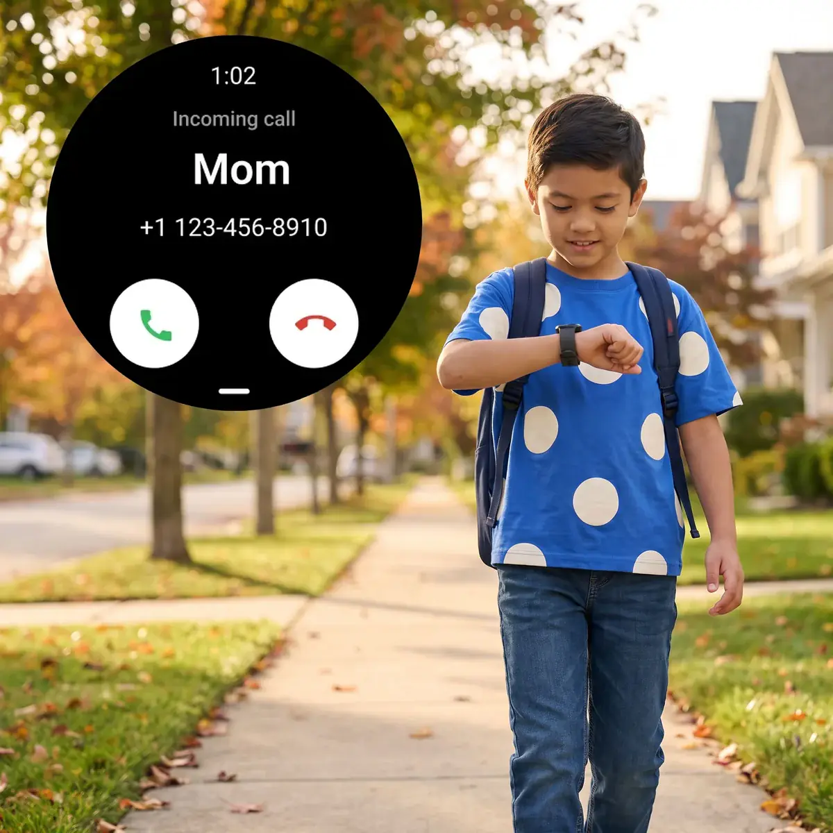 A boy walking down the sidewalk, getting a call from Mom on his Bark Watch