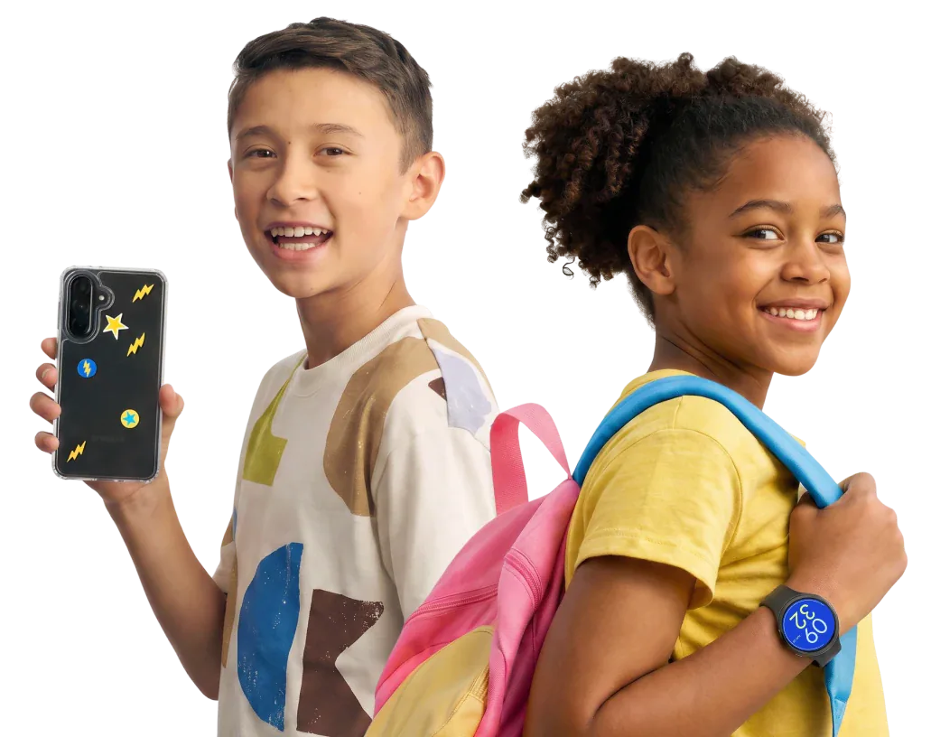 Two kids — one holding a Bark Phone, one wearing the Bark Watch