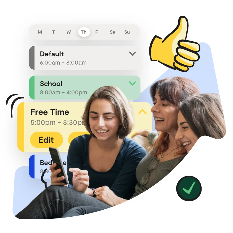 Mom and child looking at a phone with Bark screen time schedules