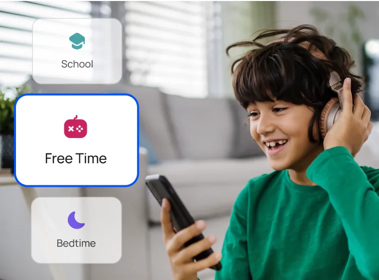 Boy with headphones on his phone, with Bark screen time schedules